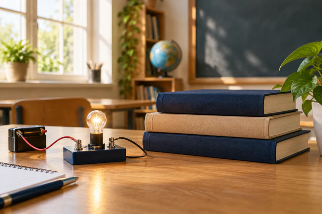 Physics study books and an illuminated bulb connecting ideas with everyday energy