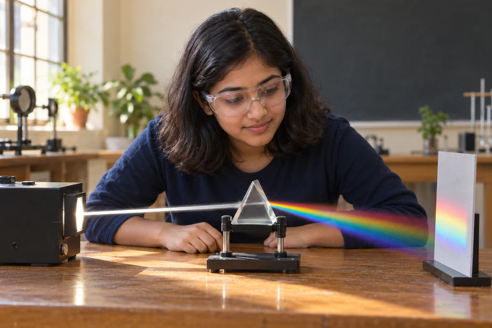 A learner wearing safety goggles observing an optical prism demonstration in a school laboratory