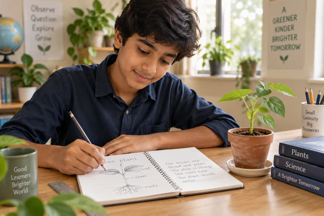 Science learning materials and a growing plant in a bright study space