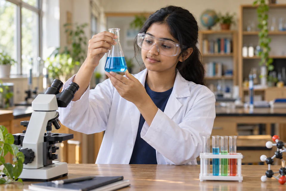A learner wearing safety goggles examining a flask in a bright school laboratory setting