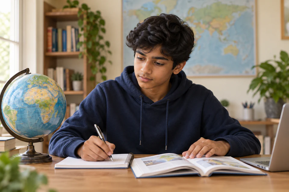 A learner studying beside a globe and history books in a welcoming study room