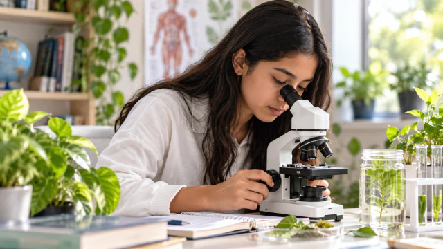 A learner studying biology with a microscope and plants