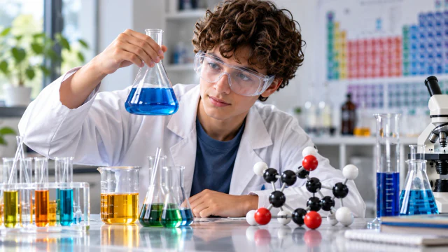A learner examining a flask in a chemistry laboratory