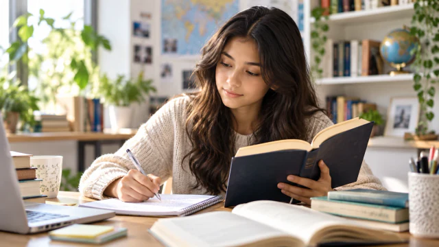 A learner reading a book in a quiet study space