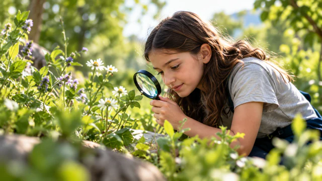 A young learner exploring plants with a magnifying glass