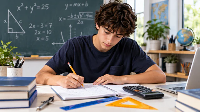 A learner working through mathematics problems at a desk