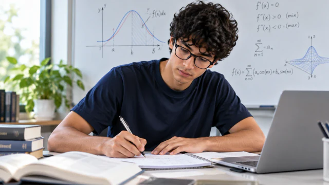 A learner studying advanced mathematics beside graphs and equations