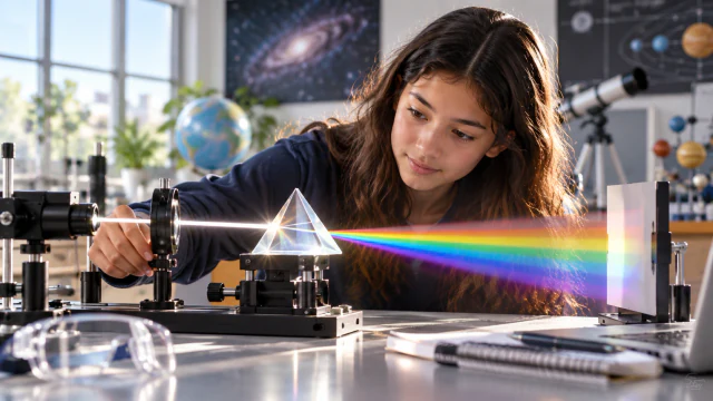 A learner observing light passing through a prism