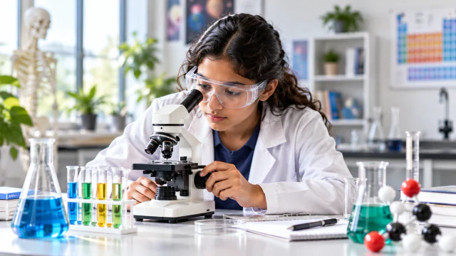 A learner observing a specimen through a microscope