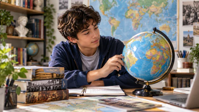A learner exploring geography with a globe